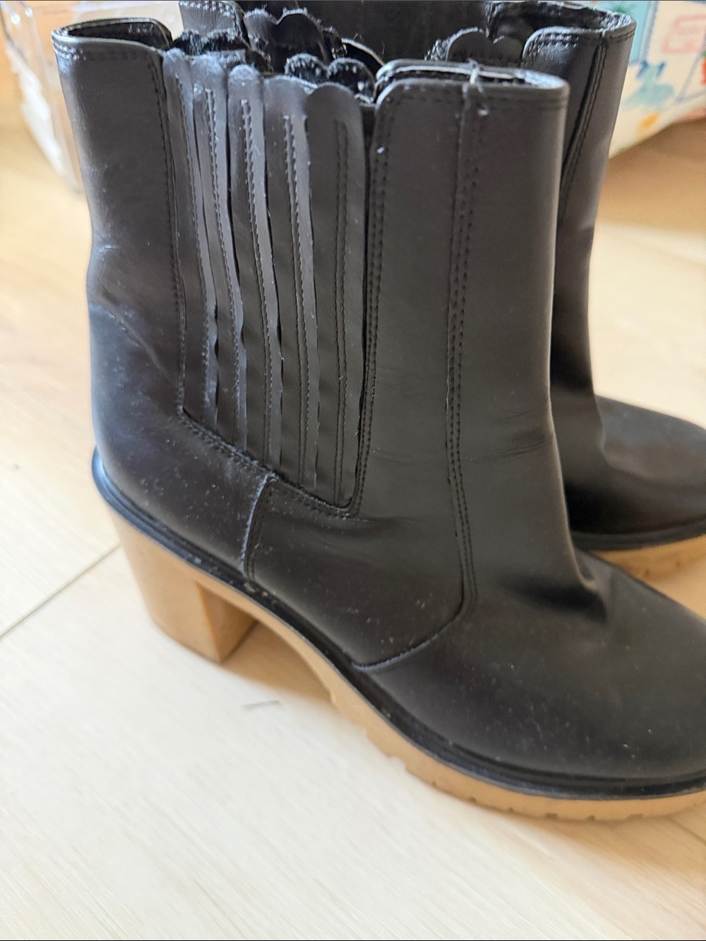 Classic Black Leather Ankle Booties with Tan Block Heel